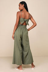Coastal Air Olive Green Striped Tie-Back Culotte Jumpsuit