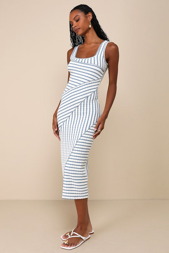Constantly Trendy Blue Striped Crinkle Bodycon Midi Dress