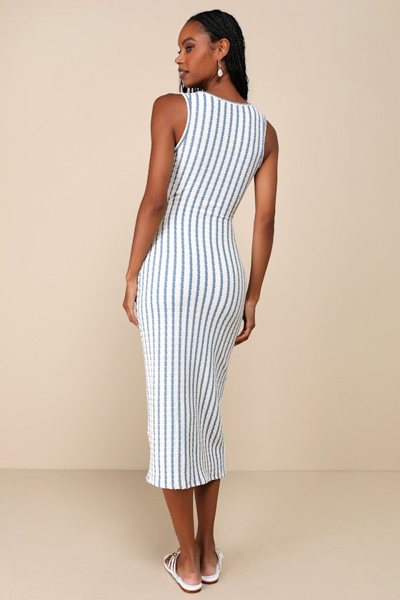 Constantly Trendy Blue Striped Crinkle Bodycon Midi Dress