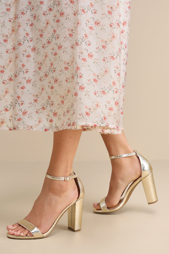 Taylor Light Gold Snake-Embossed Ankle Strap Heels