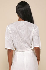 Delightful Darling White Floral Embroidered Tie-Front Crop Top