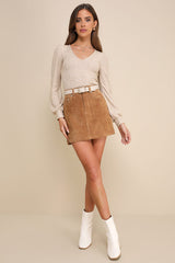 Cozy Affection Beige Pointelle Knit Balloon Sleeve Top