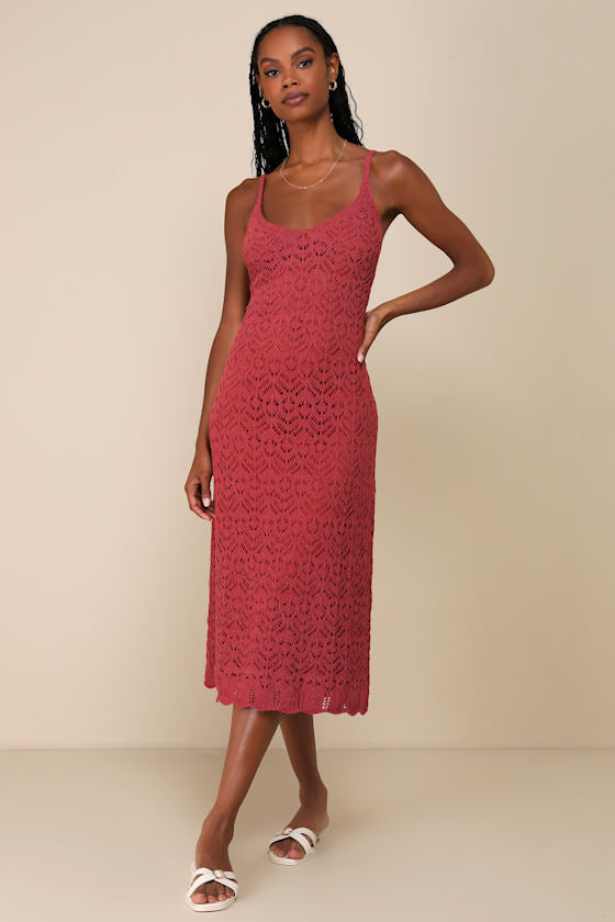Sunset Vibes Rust Red Crochet Sleeveless Midi Dress