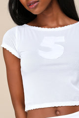 Play Me Five White Athletic Mesh Lace Cropped Cap Sleeve Top