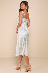 Ethereal Muse Cream Satin Jacquard Embroidered Midi Dress