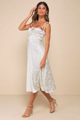 Ethereal Muse Cream Satin Jacquard Embroidered Midi Dress
