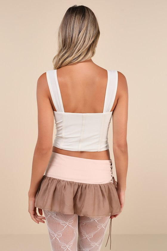 Bell Beige and Brown Studded Lace-Up Chiffon Micro Mini Skirt