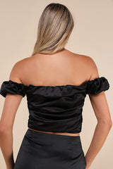 Black Rose Satin Rosette Off-the-Shoulder Puff Sleeve Top