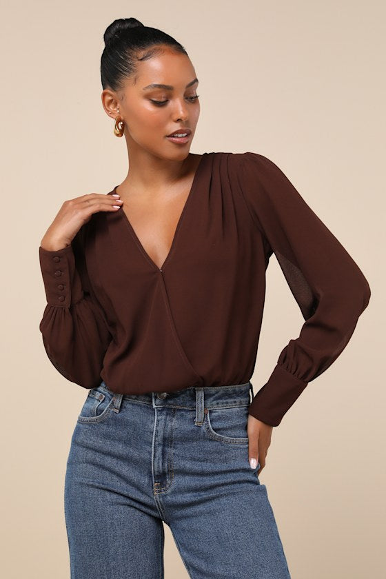 Sophisticated Aspect Brown Chiffon Surplice Long Sleeve Bodysuit