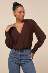 Sophisticated Aspect Brown Chiffon Surplice Long Sleeve Bodysuit