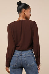 Sophisticated Aspect Brown Chiffon Surplice Long Sleeve Bodysuit