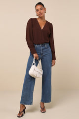 Sophisticated Aspect Brown Chiffon Surplice Long Sleeve Bodysuit