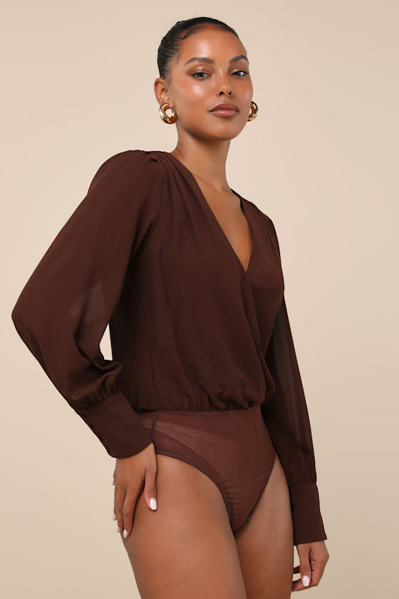 Sophisticated Aspect Brown Chiffon Surplice Long Sleeve Bodysuit