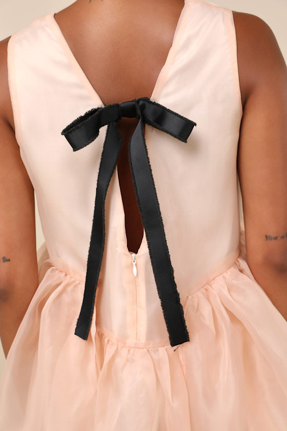Bloom Blush Pink Organza Stud Tie-Back Ribbon Mini Dress