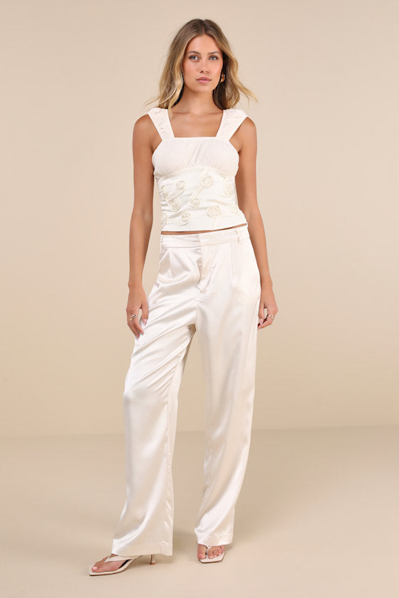 Rose Crush Ivory Rosette Satin Lace Sheer Back Tank Top