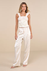 Rose Crush Ivory Rosette Satin Lace Sheer Back Tank Top