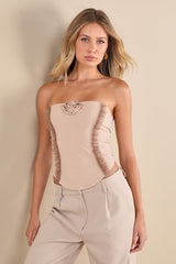 Frap Beige Rosette Ruffled Chiffon Strapless Top