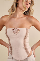Frap Beige Rosette Ruffled Chiffon Strapless Top