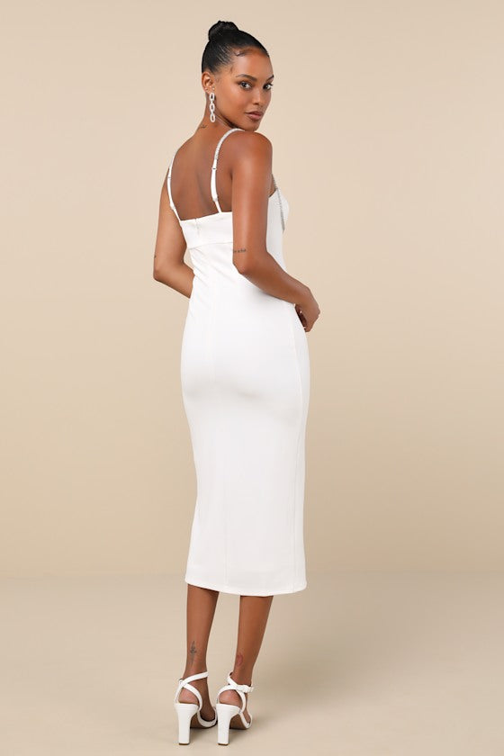 Upscale Flirt Ivory Rhinestone Sleeveless Bodycon Midi Dress