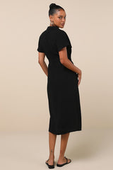 Italian Summer Black Linen Button-Up Short Sleeve Midi Dress