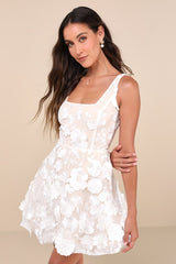 Divine Intentions White 3D Floral Embroidered Skater Dress
