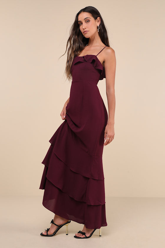 Lively Evenings Plum Purple Sleeveless Tiered Maxi Dress