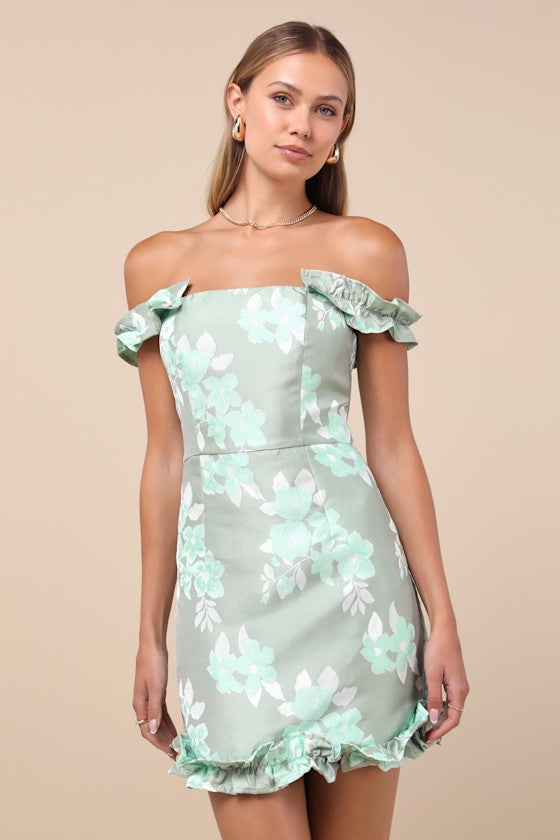 Pop the Bottle Sage Green Floral Jacquard Ruffled Mini Dress