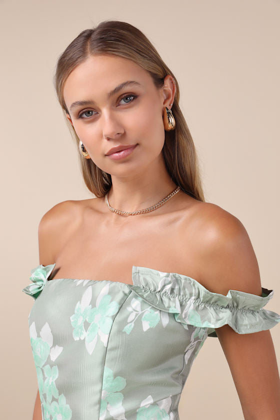 Pop the Bottle Sage Green Floral Jacquard Ruffled Mini Dress