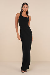Unforgettable Composure Black Asymmetrical Halter Maxi Dress