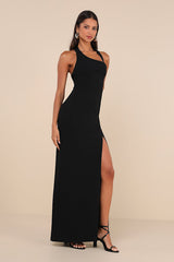 Unforgettable Composure Black Asymmetrical Halter Maxi Dress