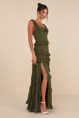 Compelling Romantic Olive Green Ruffled Tiered Maxi Dress