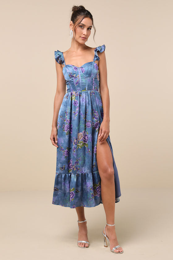 Sweet Like Sangria Blue Floral Ruffled Bustier Midi Dress