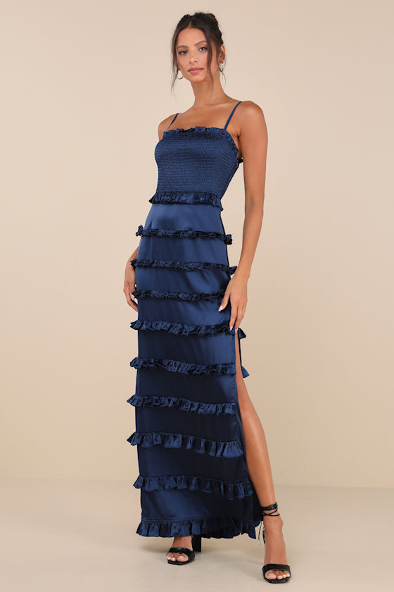 Sincerely Fabulous Navy Blue Satin Smocked Ruffled Maxi Dress