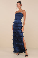 Sincerely Fabulous Navy Blue Satin Smocked Ruffled Maxi Dress