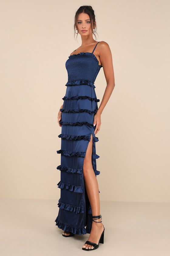 Sincerely Fabulous Navy Blue Satin Smocked Ruffled Maxi Dress