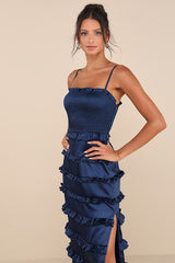 Sincerely Fabulous Navy Blue Satin Smocked Ruffled Maxi Dress
