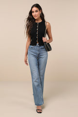 Conceptually Chic Black Ribbed Knit Button-Front Tank Top