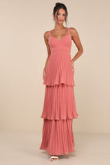 Luxe Perfection Rusty Rose Pleated Tiered Backless Maxi Dress