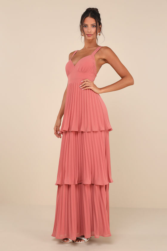 Luxe Perfection Rusty Rose Pleated Tiered Backless Maxi Dress