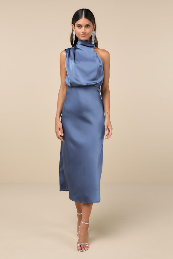Distinctive Charm Slate Blue Satin Asymmetrical Midi Dress