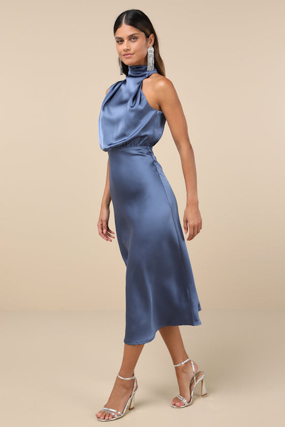 Distinctive Charm Slate Blue Satin Asymmetrical Midi Dress