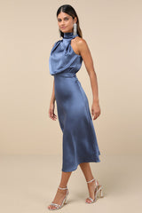 Distinctive Charm Slate Blue Satin Asymmetrical Midi Dress