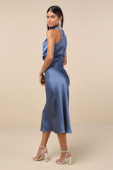 Distinctive Charm Slate Blue Satin Asymmetrical Midi Dress