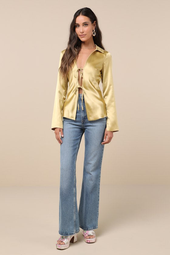 Coveted Aesthetic Gold Tie-Front Long Sleeve Collared Top