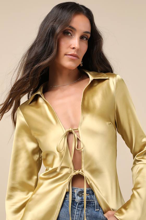 Coveted Aesthetic Gold Tie-Front Long Sleeve Collared Top
