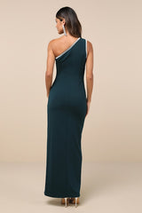 Glamorous Muse Emerald Rhinestone One-Shoulder Maxi Dress