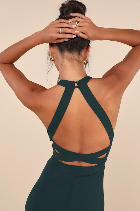 Confidently Charismatic Emerald Backless Halter Maxi Dress