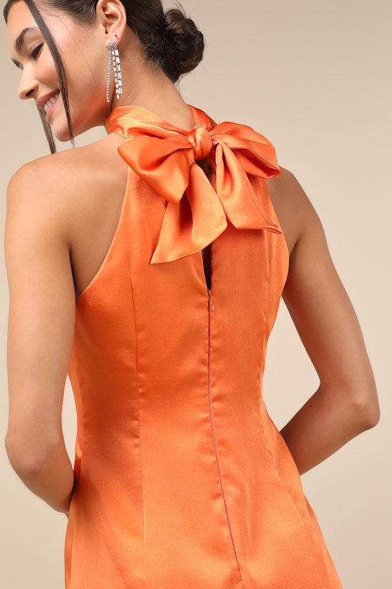Infinite Admiration Orange Satin Halter Mini Dress