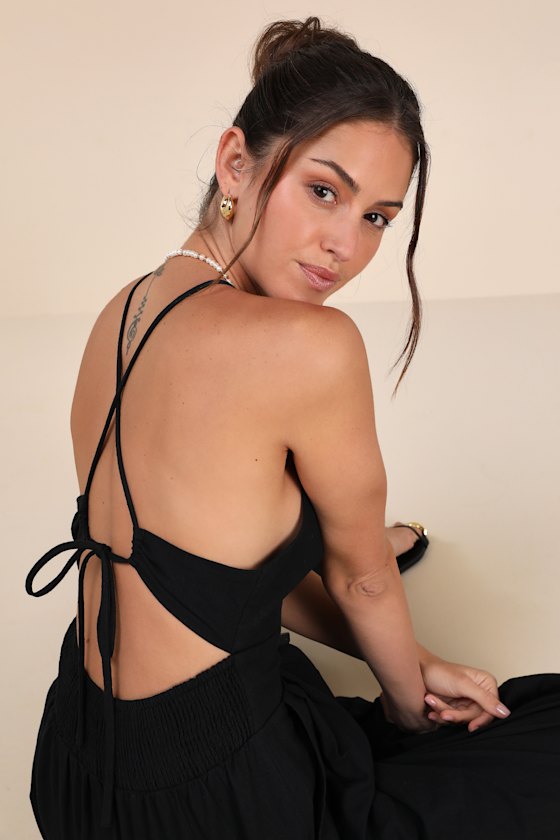 Covetable Vibe Black Linen Lace-Up Backless Wide-Leg Jumpsuit