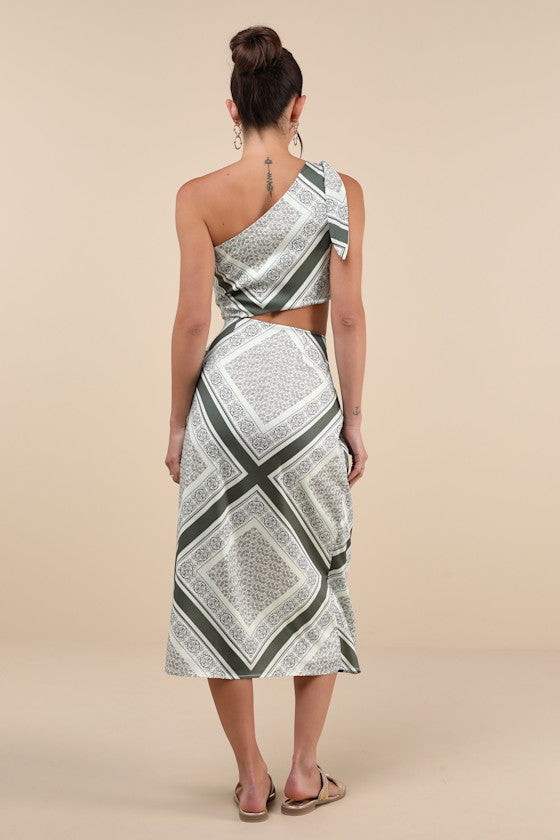 Vacay Beauty Olive Scarf Print One-Shoulder Tie-Strap Midi Dress